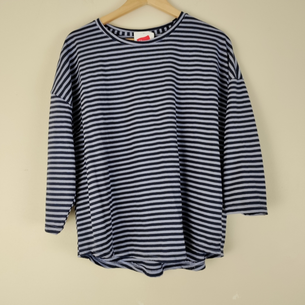 Hanes Striped Navy Pullover Round Neck Cotton Blend 3/4 Sleeve Women's Tee Shirt